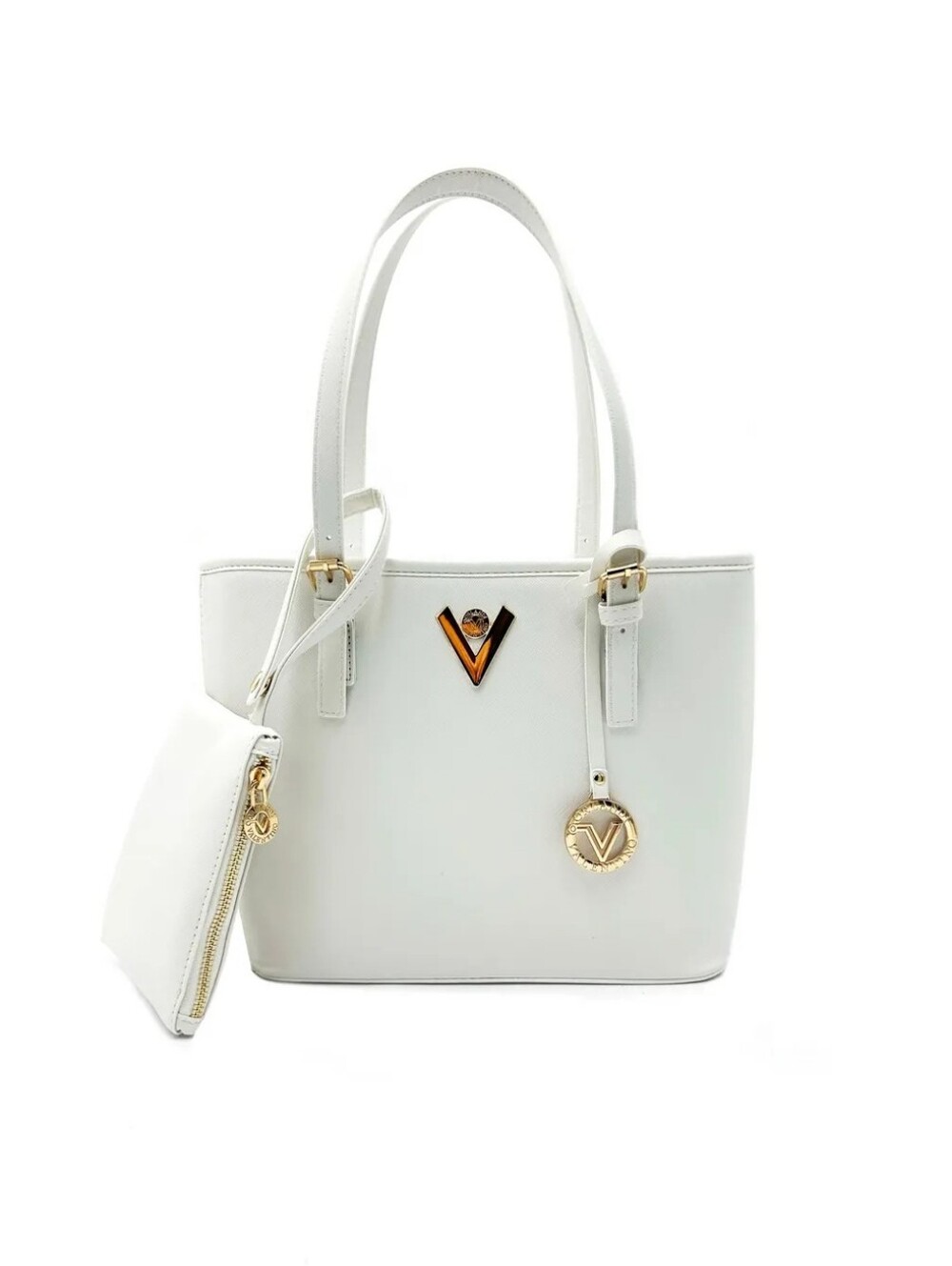 H-103 Valentino Orlandi White Tote Bag with Gold Accents